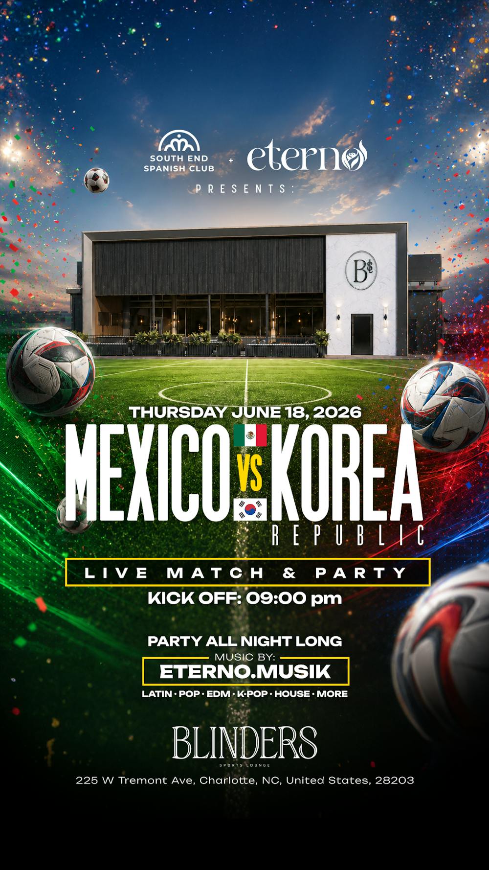 South End Spanish Club México vs Korea watch party visual